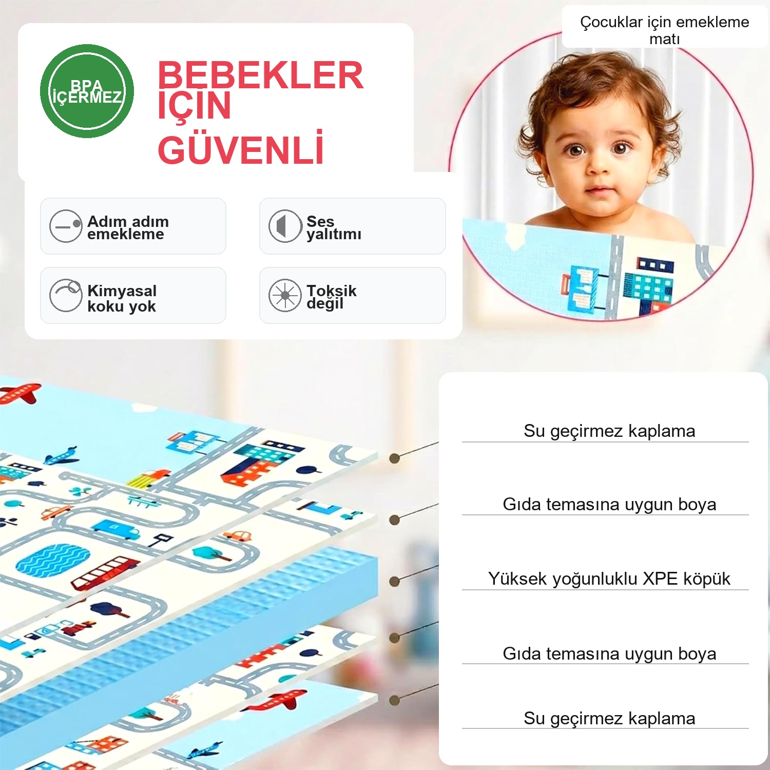 Bebekler için güvenli oyun matı katman yapısı